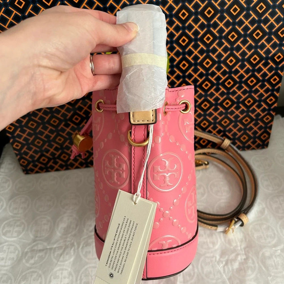 Tory Burch T Monogram Contrast Embossed Mini Bucket Bag Crossbody Bag Rose Pink - Picture 2 of 9
